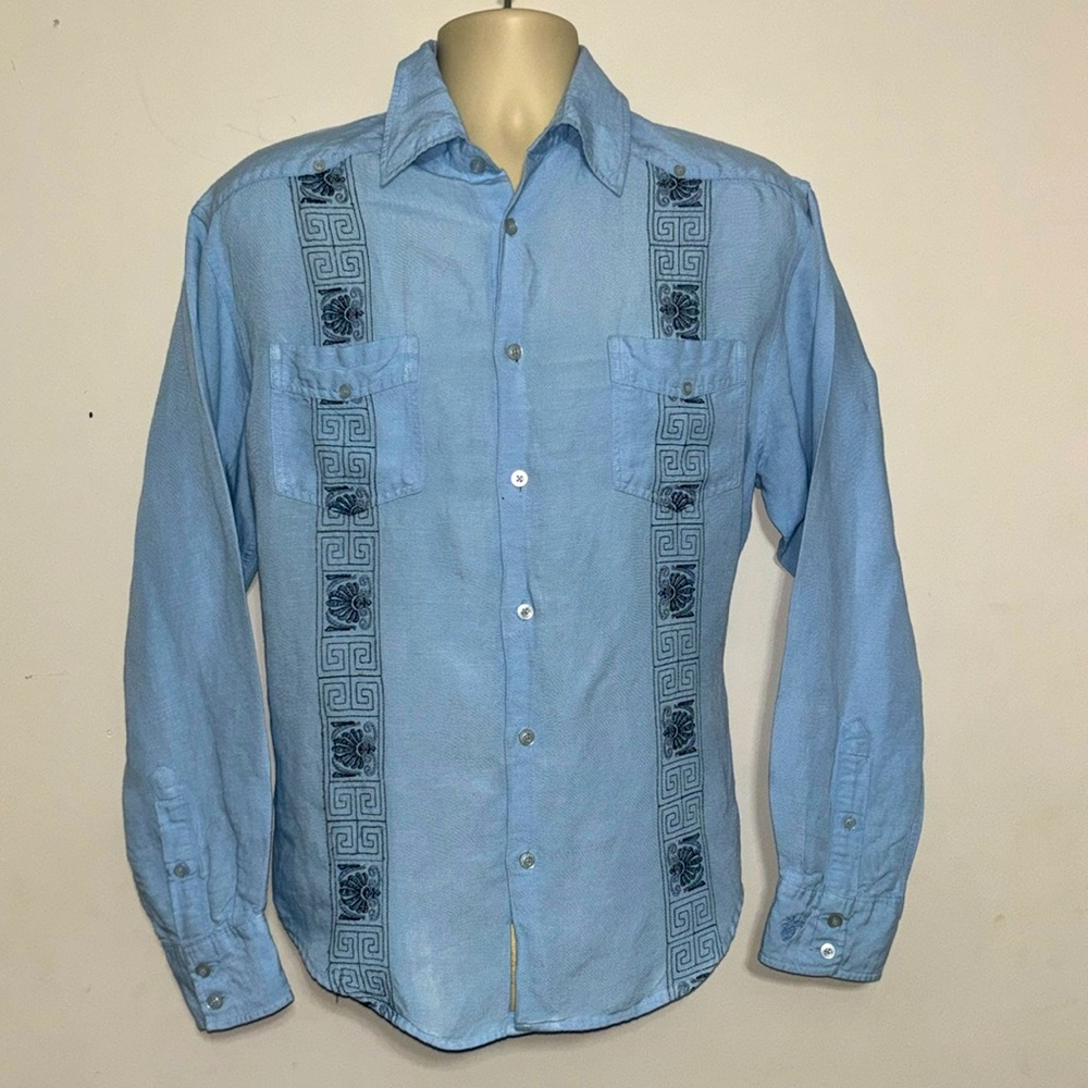 Cubavera Button Up Shirt Blue Linen Blend Blue Embroidery Guayabera Large Men